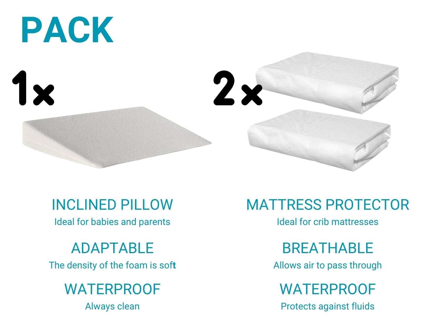 DORMISSIMO Pack 2 sábanas Protectoras 60x120 cm + cuña elevadora (Limita el reflujo y la regurgitación – Reduce la congestión Nasal y los cólicos)