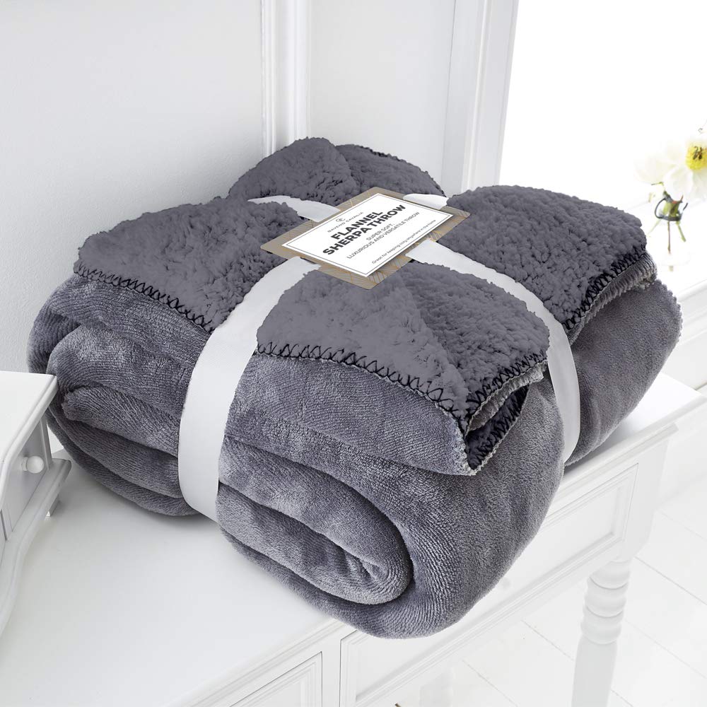 Slumber Nights Flannel Sherpa Throw For Double Size Bed Sofa Soft Large Warm Blanket (Grey, King 200 x 240)
