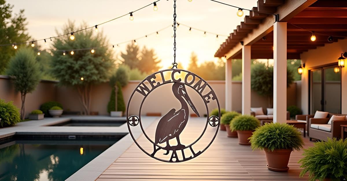 30″ Antique Copper Pelican Welcome Sign – Large Rustic Metal Wall Art for Indoor Outdoor Decor, Round Front Porch Wall Plaque with “Welcome Y’all” Design