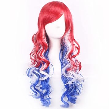 BERON Long Wavy Wigs for Women with Bangs 4th of July Cosplay Costume Anime Hair Wigs Red White Blue Mixed