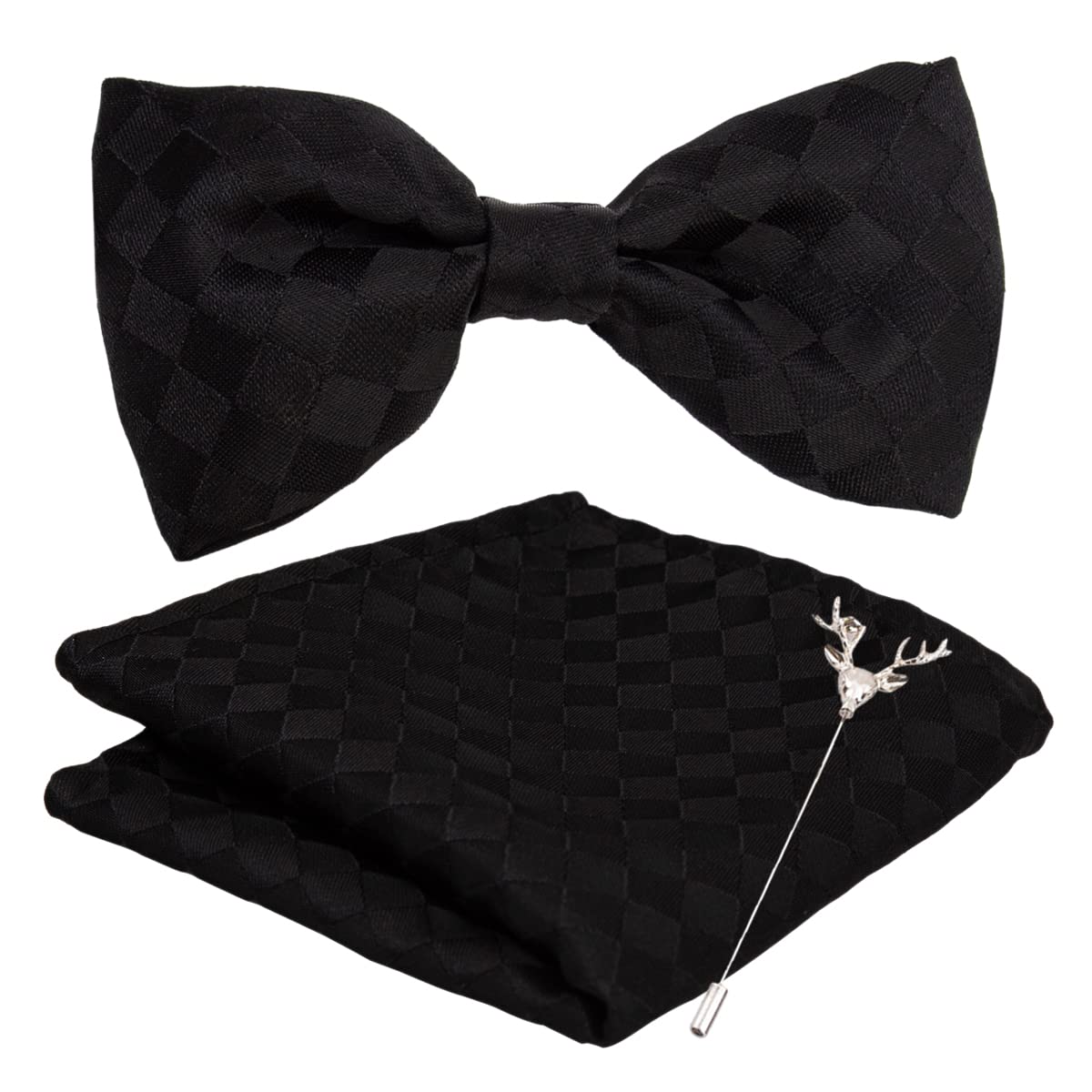 Men's Microfiber Black Checks Bow Tie & Pocket Square with Lapel Pin