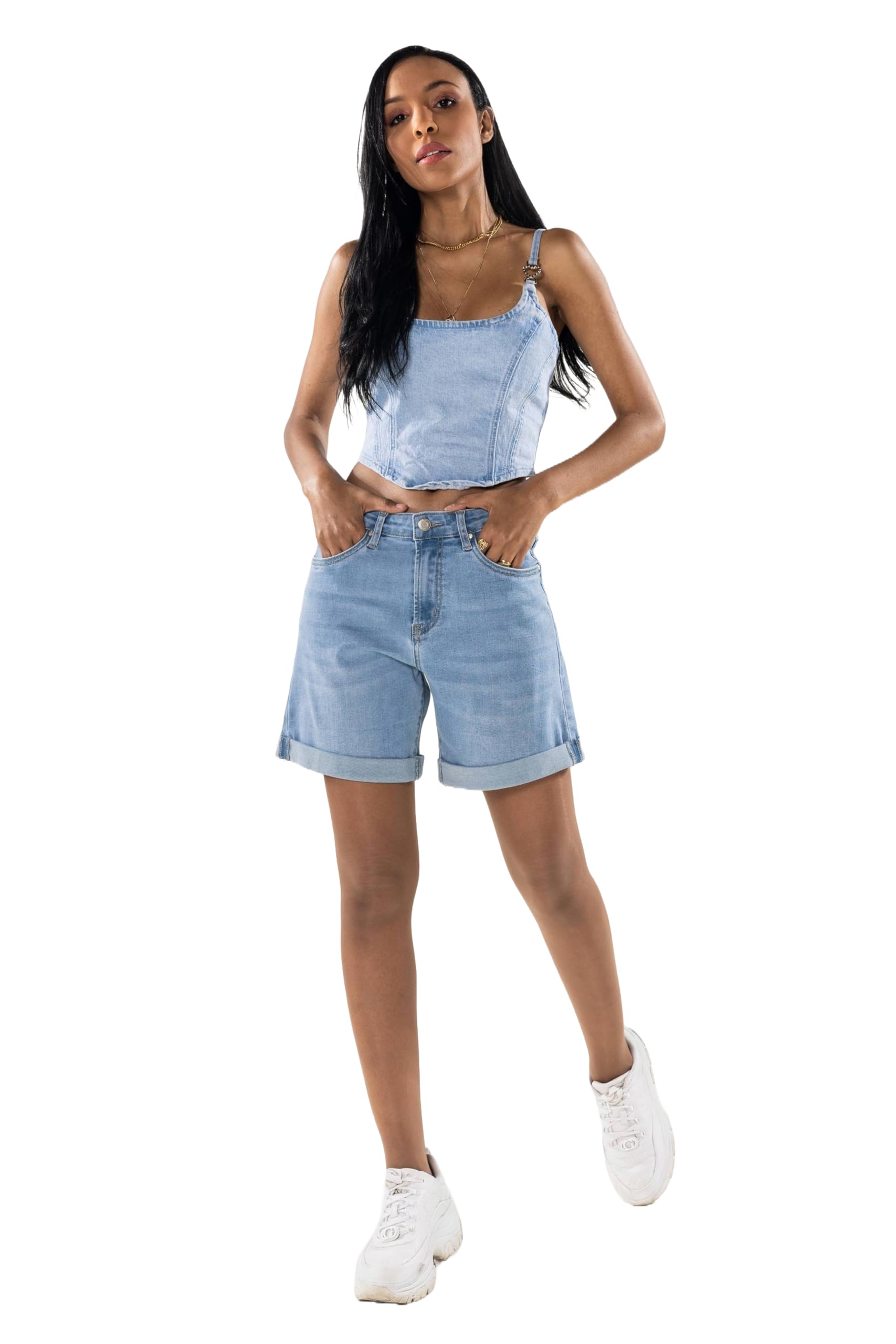 Nina Carter P208 Pantalones vaqueros cortos de cintura alta para mujer, aspecto desgastado, medio muslo, pantalones cortos de verano