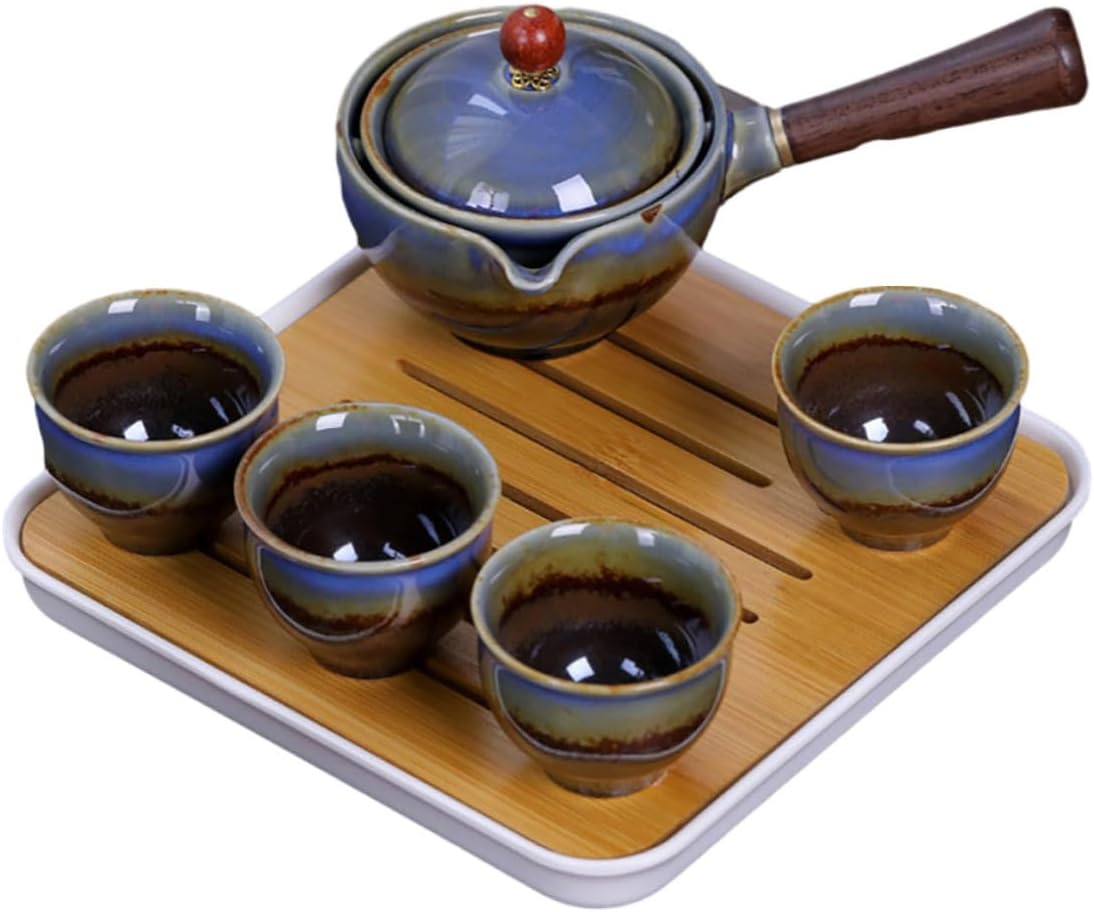 Portable Ceramic Tea Set with Teapot and Four Cups Travel Kung Fu Tea Kit in Military Green with Carrying Bag Convenient Home and Outdoor Teaware