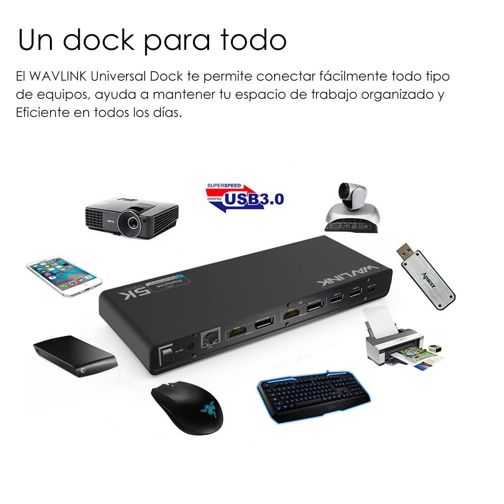 WAVLINK USB C＆3.0 Ultra 5K Docking Station HD Dual Video Multifunción Display con 2x5K DP Puertos, 2x4K HDMI Puertos, 6xUSB 3.0, Gigabit Ethernet, Audio out y Mic in, para MacBook Neo