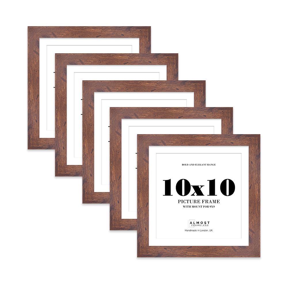 10x10" Rustic Wood Square Frame With Mount for 9x9" Pictures 28mm Edge Frame Display with Wall Hooks and Kickstand, 5 Pack
