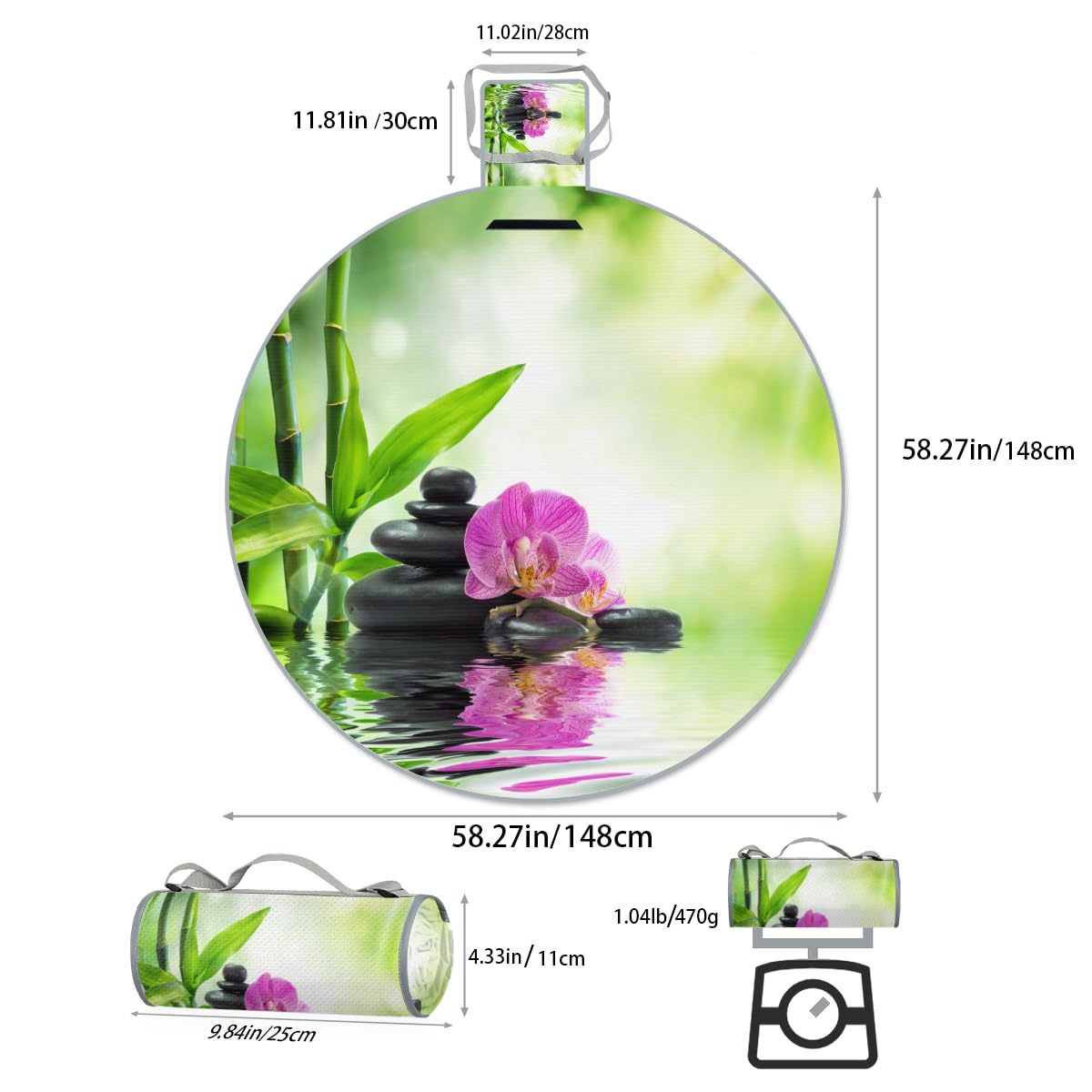 Shimoshe Flower Orchid Japanese Zen Stone Picnic Outdoor Blanket Foldable Waterproof Sandproof Beach Blanket Portable Water-Resistant Round Picnic Mat for Travel Camping Park Lawn
