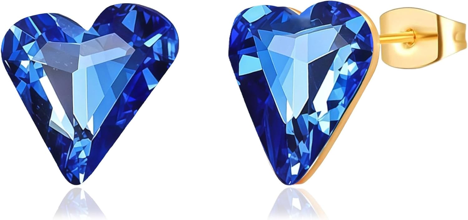 Fashion Austrian Crystal Heart Stud Earrings for Women 14K Gold Plated Hypoallergenic Formal Jewelry Gift