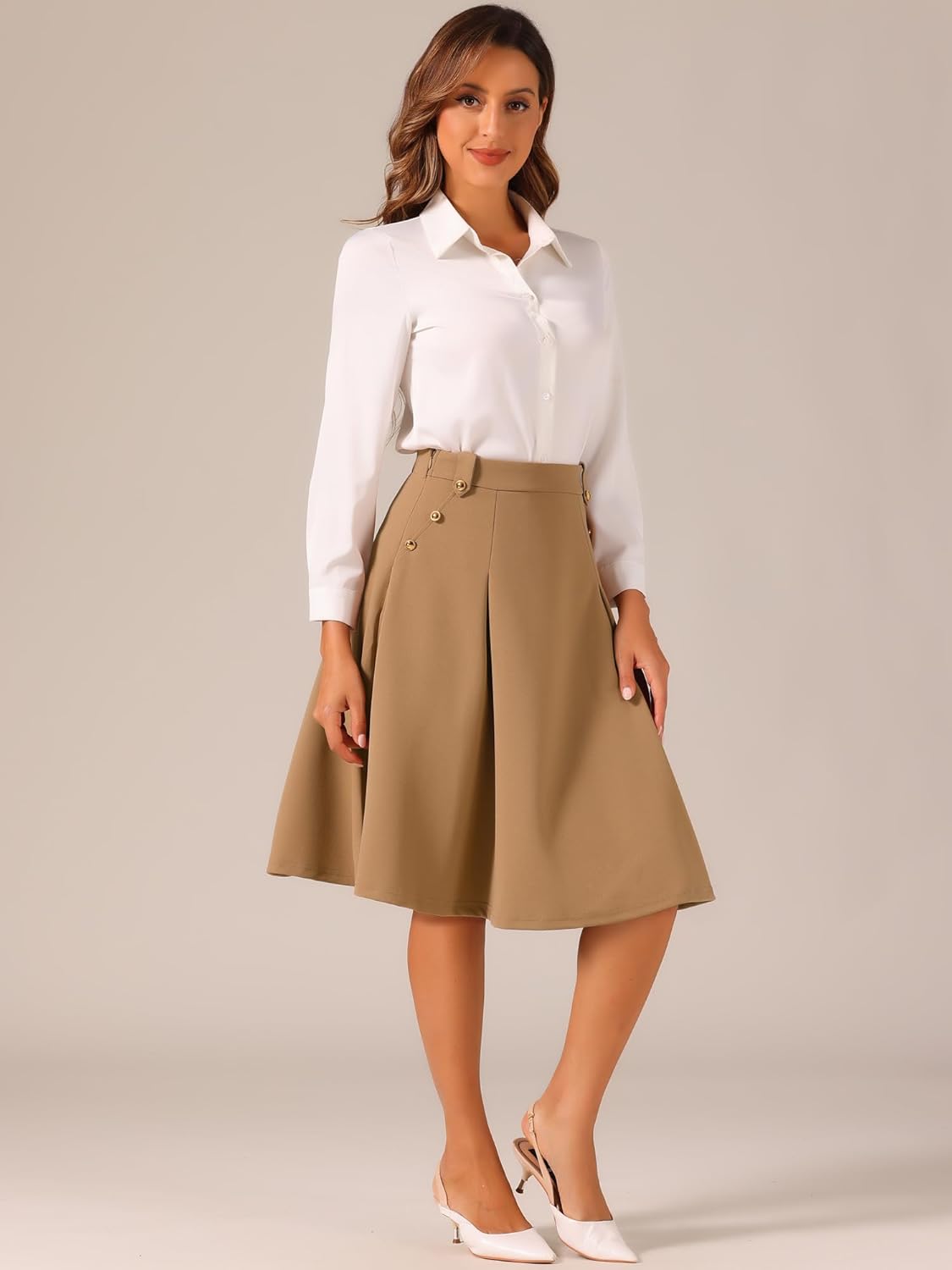 Allegra K Women's Business Casual Pleated High Waist Work Office Vintage Flared Circle Teacher Midi Skirt