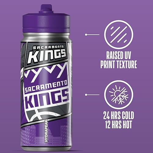 Miniatura 102 de Hydrapeak x NBA Los Angeles Lakers Botella de agua de 591 ml de acero inoxidable, botella deportiva con doble pared aislada con licencia oficial,