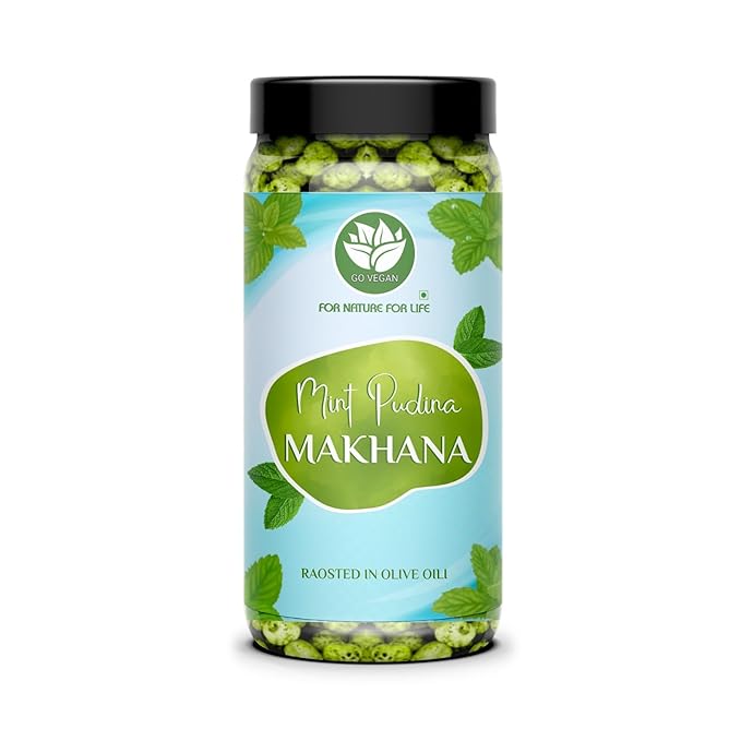 Go Vegan Premium and Organic Roasted & Mint Pudina 100gm Flavoured Makhana | Healthy Snacks | Gluten Free | MSG Free | Antioxidant | Rich Calcium | Zero Trans Fat | Foxnut 100g Jar (Mint Pudina)