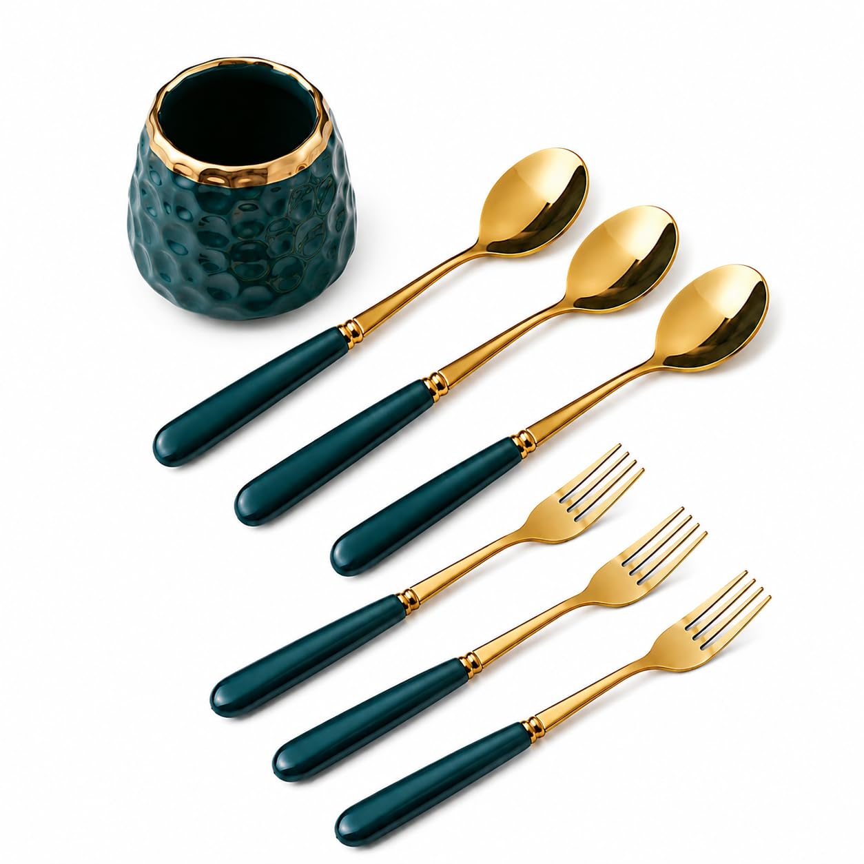 Premium Dessert Spoon & Fork Set with Ceramic Holder | 6 Pcs Gold Stainless Steel Cutlery Set | Tea Coffee Spoon, Fruit & Cheese Fork Set | Luxury Tableware for Home & Gifting