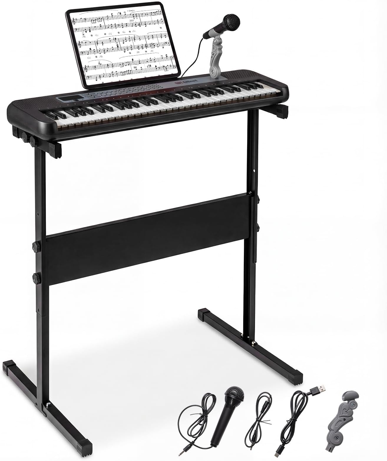 61 Keys Digital Piano, Children's Keyboard with Adjustable Stand, Microphone & Music Stand, Electronic Children's Piano with Sounds, Demos & Rhythms, for Children from 3 Years (Black)