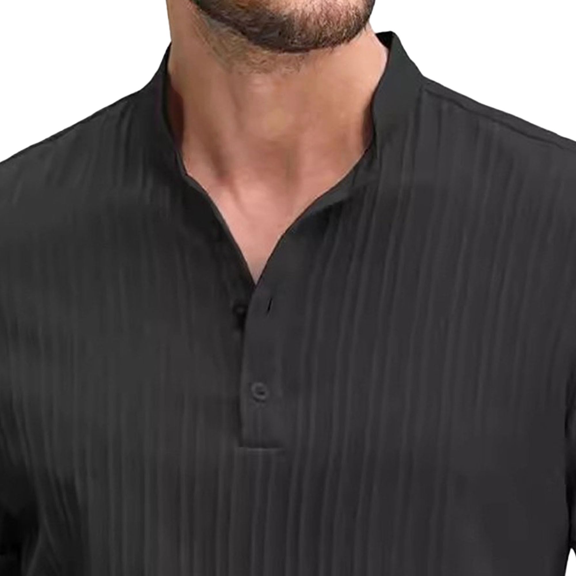 Men Retro Cotton Linen Striped Henry Shirt Classic Cozy Casual Loose Shirts Summer Quarter Button Leisure Pullover (Black,XX-Large)