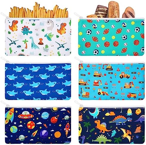 6 Pieces Reusable Snack Bags Kids Food Safety for School Boys Was...