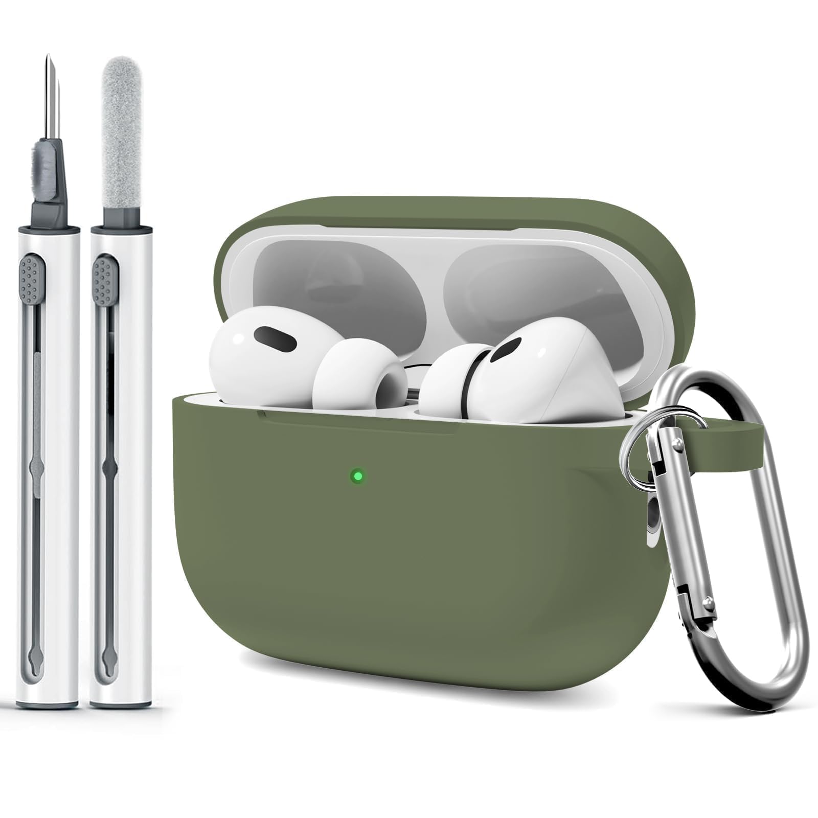 WOYINGE for AirPod Pro Case Cover with Cleaner Kit, Soft Silicone Cover for AirPods Pro 2nd Generati/1st Comes with Keychain for Women Men,Suitable for 2nd Generation Case Army Green