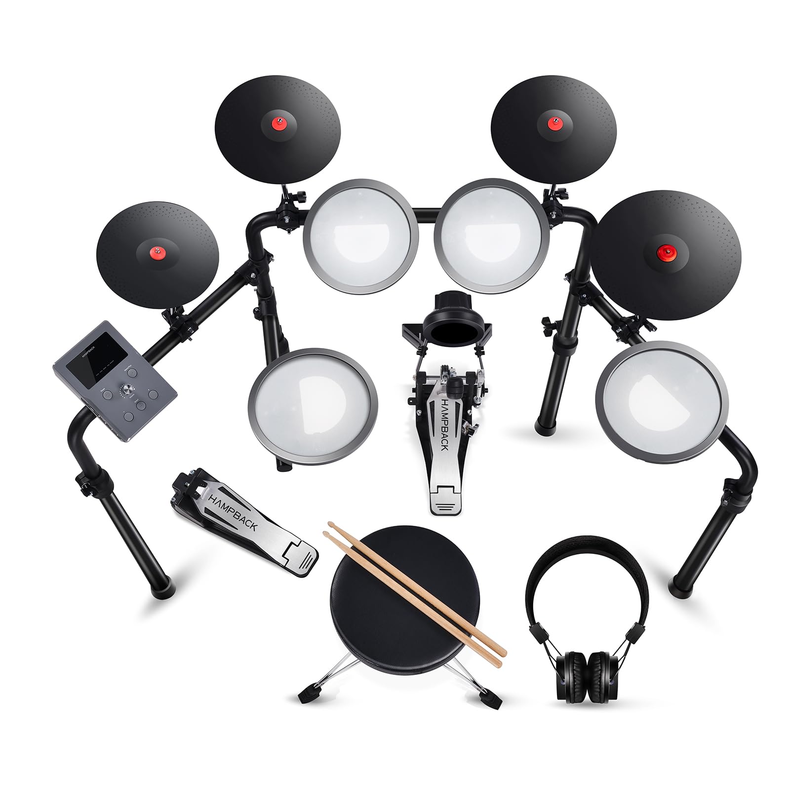MK-0 Plus Electric Drum Set with 4 Quite Mesh Electronic Pads, 5" Kick Drum, 12 Kits and 68 Authentic Sounds, USB MIDI, Throne, Sticks, Headphones, 2 Switch pedals for Beginners