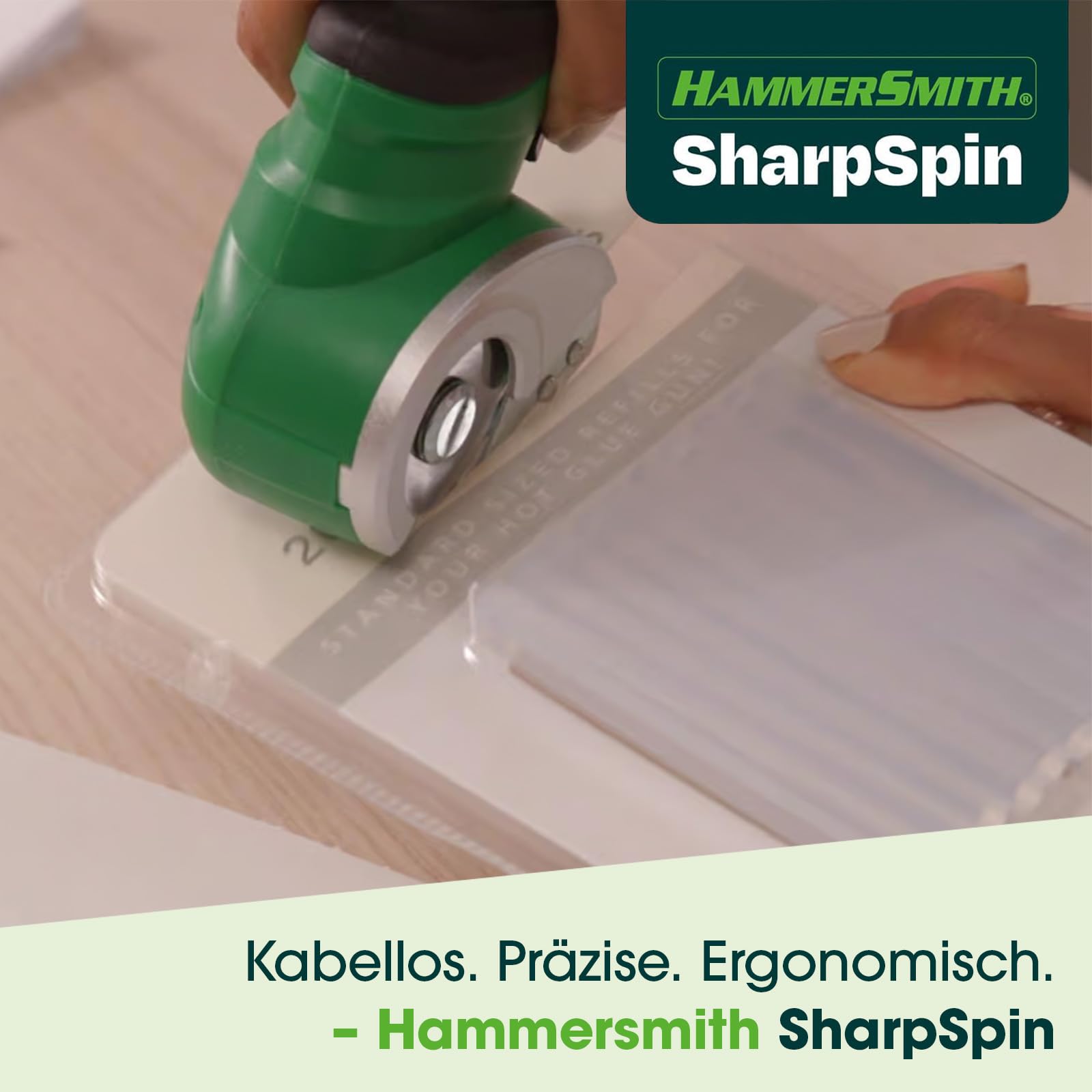 Hammersmith SharpSpin - Elektrische Schere kabellos - Kartonschneider, Akku Schere für Karton, Stoff, Leder, Teppich, PVC & Kunststoff - selbstschärfende Klinge - präzise Schneiden ohne Kraftaufwand
