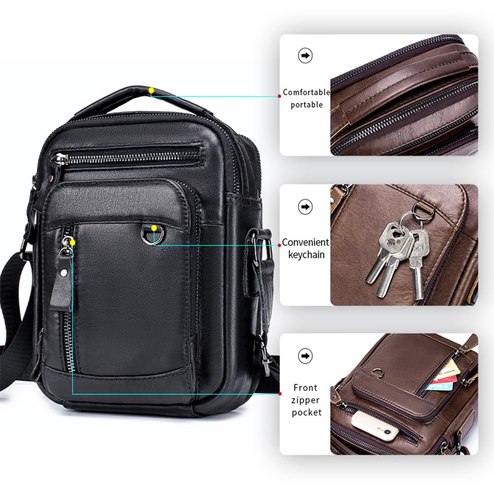 pundarika Bolso de hombro pequeño de cuero genuino para hombre, bolsas de hombre para hombre, bolso cruzado, bolsa de mensajero, correa de hombro ajustable.