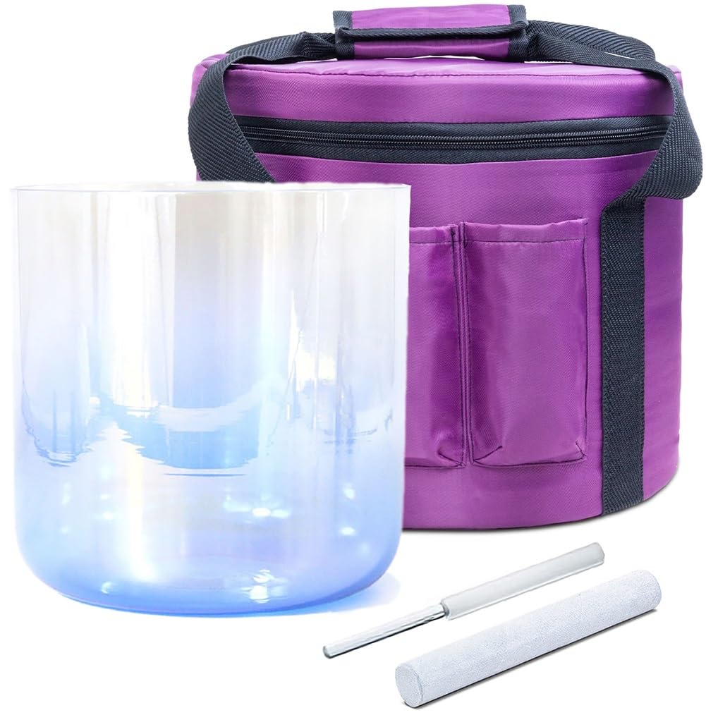 Chakra-Schale aus klarem Kristallglas, für Yoga, Meditation und Klangbäder, blaue Schale mit Etui und Schlägeln, Sonnennote 440 Hz, 15 cm (6 Zoll), 440 Hz - 6 Zoll G Note