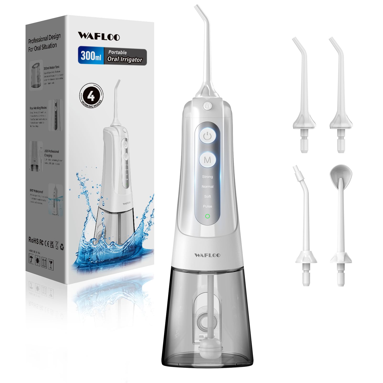 Jet Dentaire Hydropulseur, avec 4 Embouts Jet, Réservoir 300ML, Irrigateur Oral Portable avec 4 Modes, Étanchéité IPX7, Rechargeable, Nettoyage Dentaire pour Adultes à Domicile et en Voyage