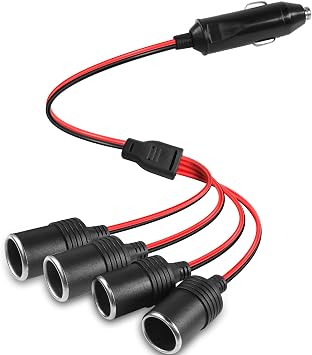 1 to 4 Car Cigarette Lighter 12v 24v Power Charger Adapter 4 Way Socket Car Cigarette Lighter Splitter Extension Cable 13AWG with 20A Fuse- 1FT/0.3M