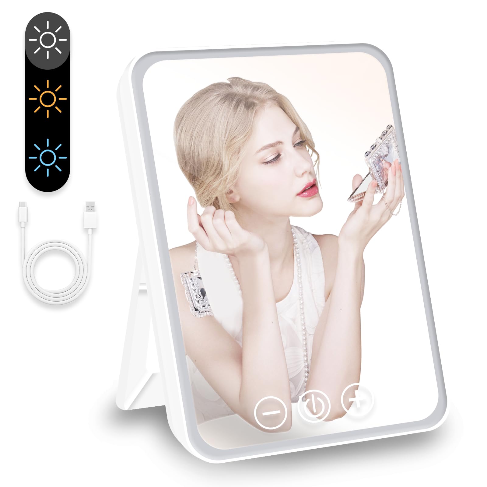 Vanity Mirror with Lights, Folding Tabletop Mirror Rechargeable Light Up Makeup Mirror Portable Travel Mirrors with 3 Color Lighting Vanity Mirrors for Office Desk,Vanity Table, Travel