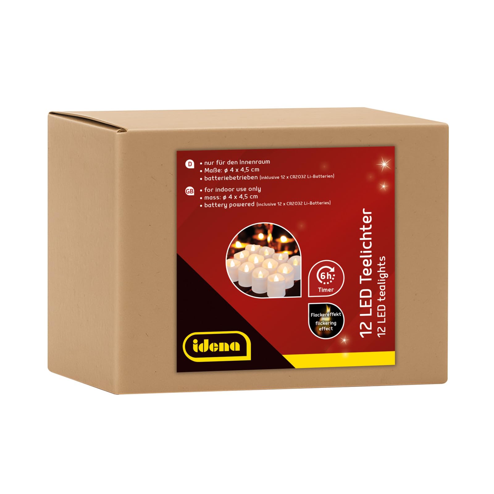 Idena 30469 - LED Tea Lights, Pack of 12, Electric Candles with Flickering Light, Includes Batteries, 6 Hour Timer Function, Height Approx. 4.5 cm, Wedding and Party Decoration, Mood Light