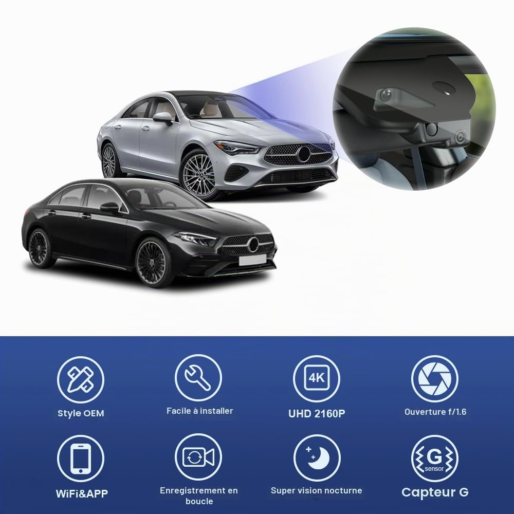 Fitcamx Dashcam 4K Compatible avec Mercedes-Benz A and CLA Class 2024-2026 facelift (HD2-6609), Caméra de Voiture OEM UHD 2160P WiFi, G-Senseur, Enregistrement en Boucle, WDR, Plug & Play, Carte 64 Go