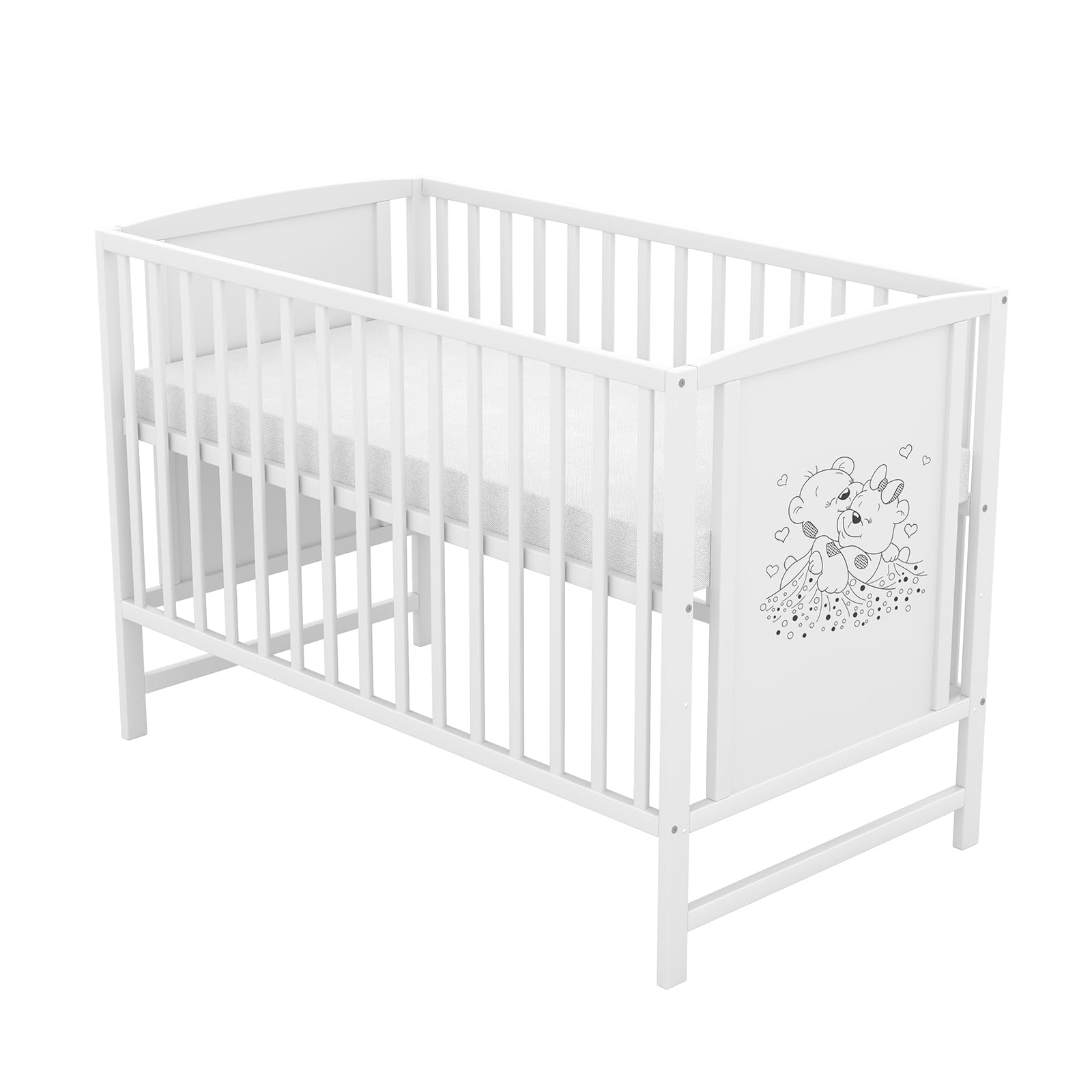 Generisch Baby Delux Babybett 60x120 weiß Kinderbett mit Aloe Vera Matratze höhenverstellbar mit Schlupfsprossen (Mia weiß)