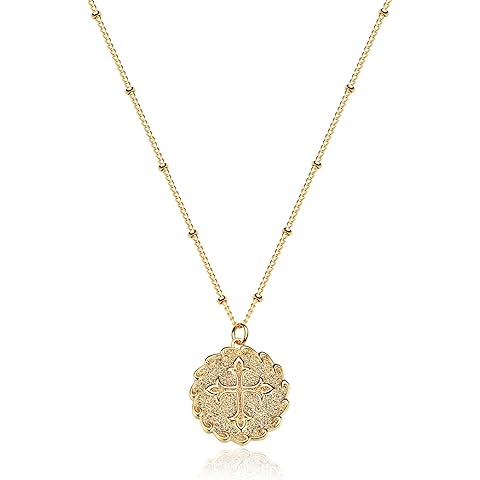 VACRONA Coin Necklace 18k Gold Plated Vintage Textured Medallion Coin Pendant Round Circle Disk Dainty Necklace for Women