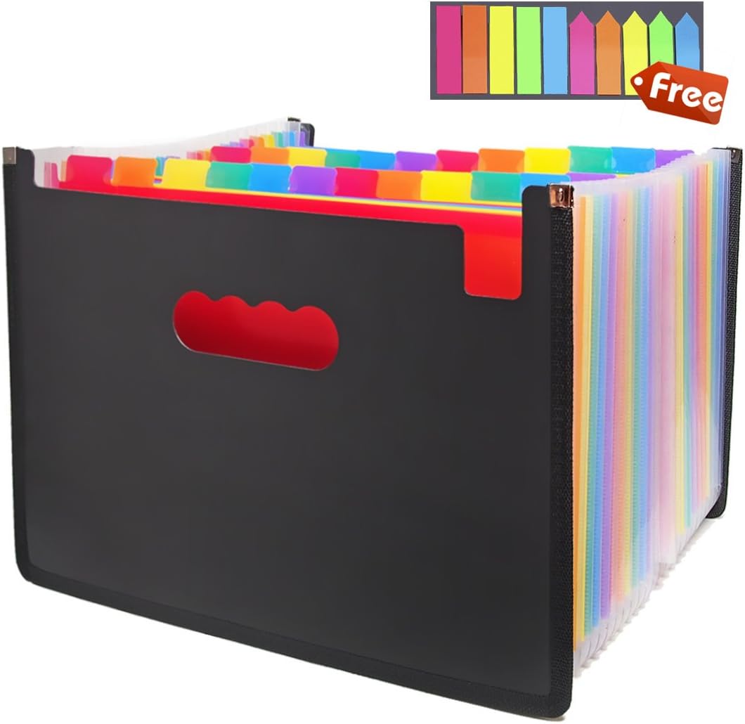 Expanding Files Folder 24 Pockets, Expandable Accordion File Folder Box, Large Plastic Rainbow A4 Portable File Organizer High Capacity Multicolour Stand Office Plastic Business Filing Box (Multi)