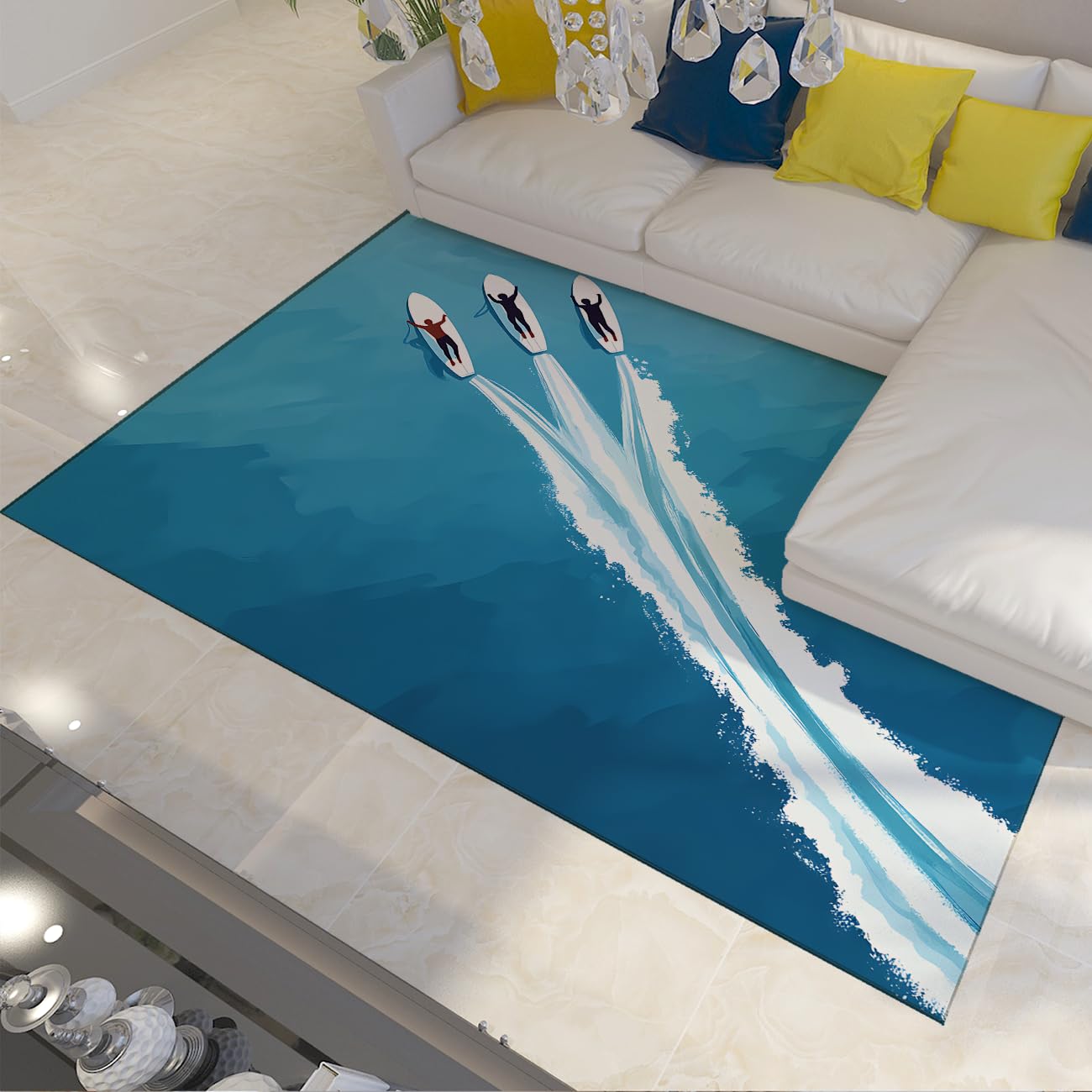 Trio Surf Dywaniki łazienkowe Sporty wodne Oceaniczne Białe fale Miękkie antypoślizgowe Niski stos zmywalny pod stolikiem kawowym 150 x 210 cm