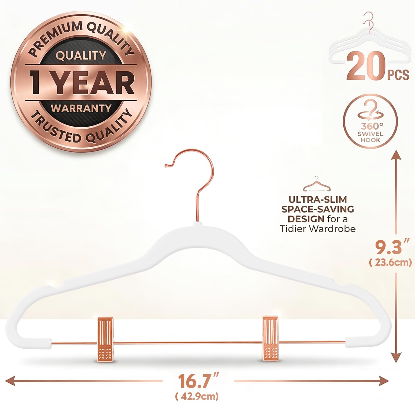 MIZGI Kleiderbügel, Hosen, Vevet-Kleiderbügel mit Clips, Kleiderbügel, Rutschfester Samt, Hosen, Roségold Samt Kleiderbügel, platzsparend, Filz Kleiderbügel, schmal, Kleid weiß
