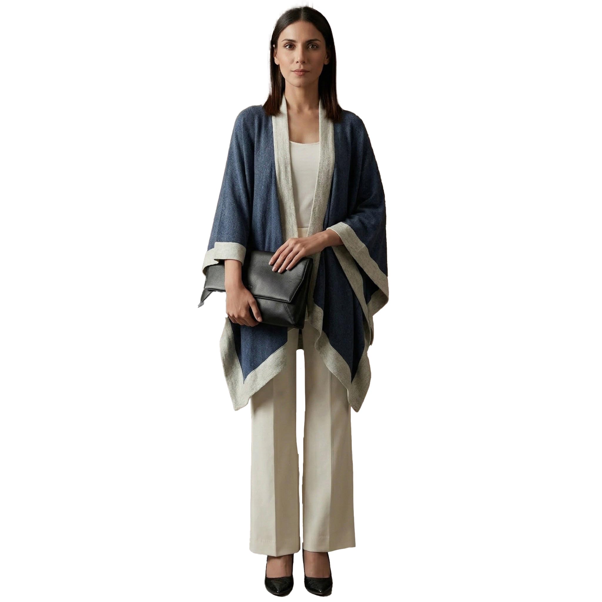 Blue and Grey Long Knitted Cashmere Cape-image-0