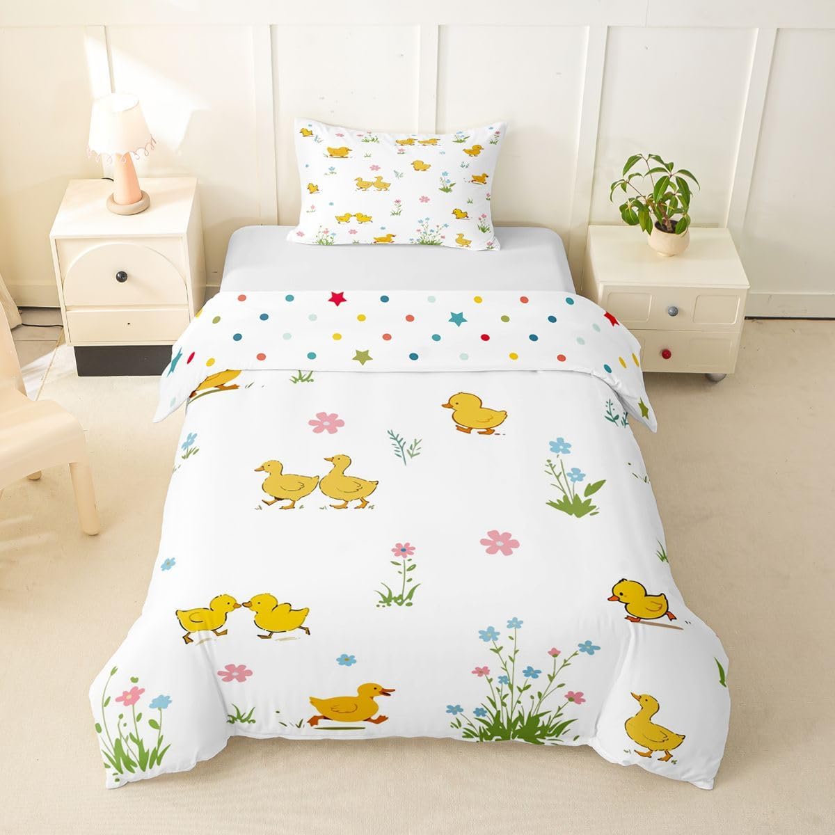 Feelyou Cartoon Duck Duvet Cover Toddler Size Yellow Duck Comforter Cover for Boys Girls Lovely Plant Floral Bedding Set 2Pcs Room Decor