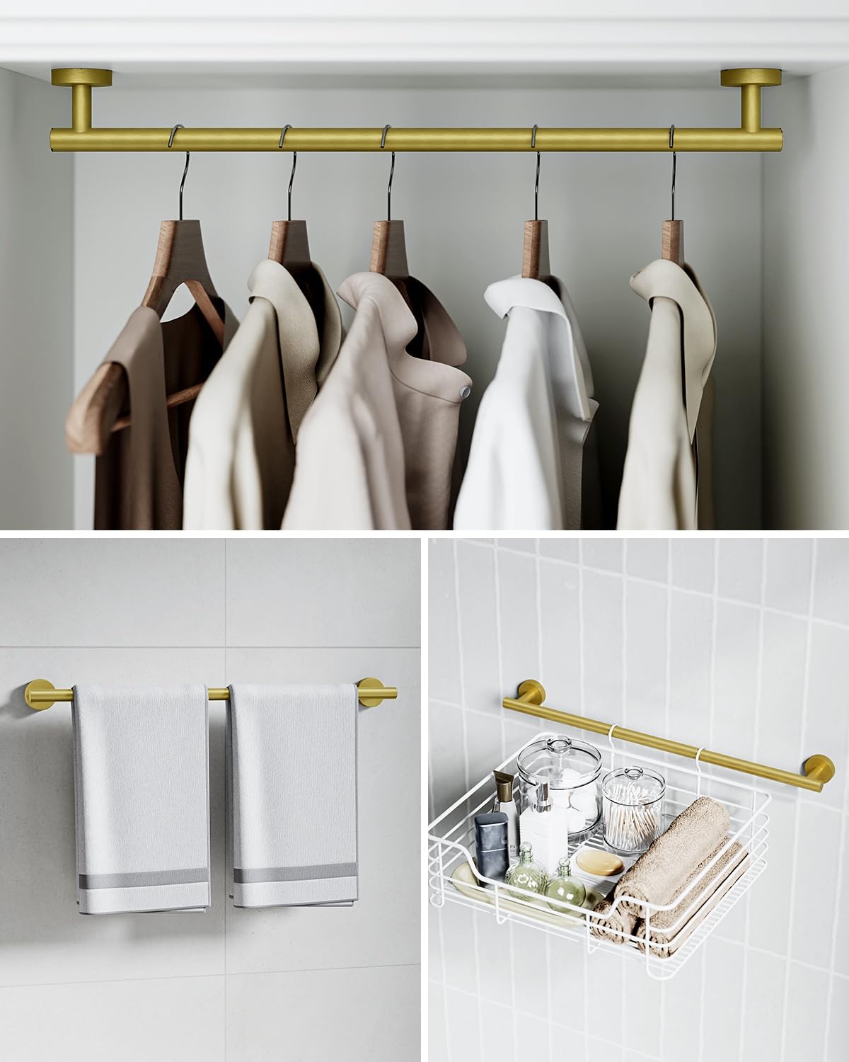 Bathroom Hardware Accessories Set 5 Pieces Brushed Gold 26" SUS 304 Stainless Steel Bath Towel Holder Bar Set Towel Rack Combination Wall Mounted for Kitchen, Laundry, Bedroom