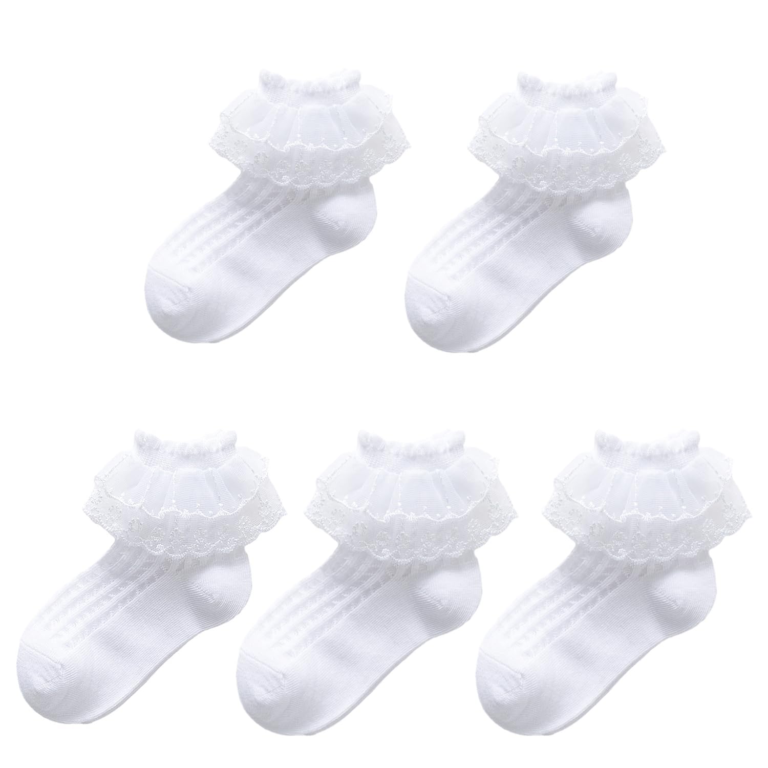 Vurger Women's White 5 Packs Toddler Girls Ruffle Lace Trim Cotton Socks Eyelet Frilly Princess Dress Socks For Little/Big Girls (As8, Age, 7_Years, 9_Years, Regular, )