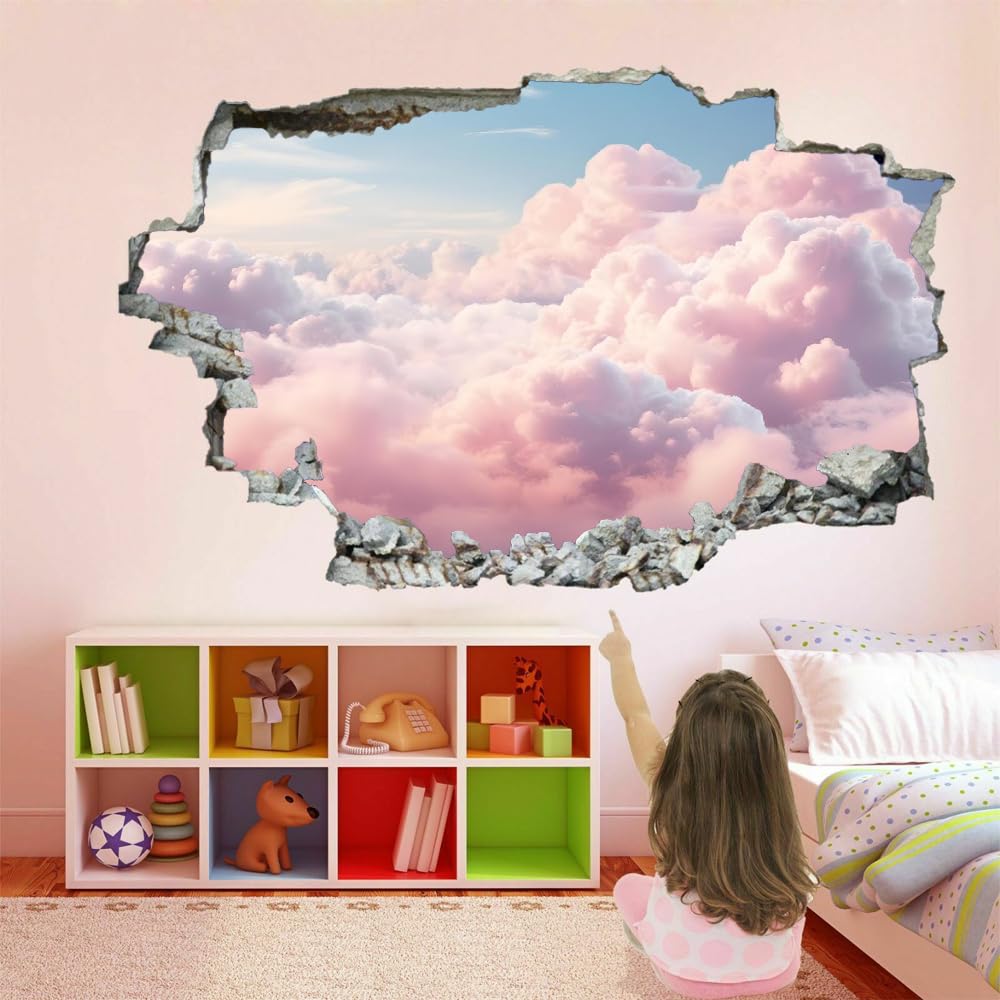 Pegatinas De Decoración De Pared 3D Roto Nube Rosa Pegatina De Pared Cielo Azul Paisaje Natural Tatuaje De Pared Para Decoración De Pared De Guardería, Sala De Estar, Decoración Del Hogar 120x80cm