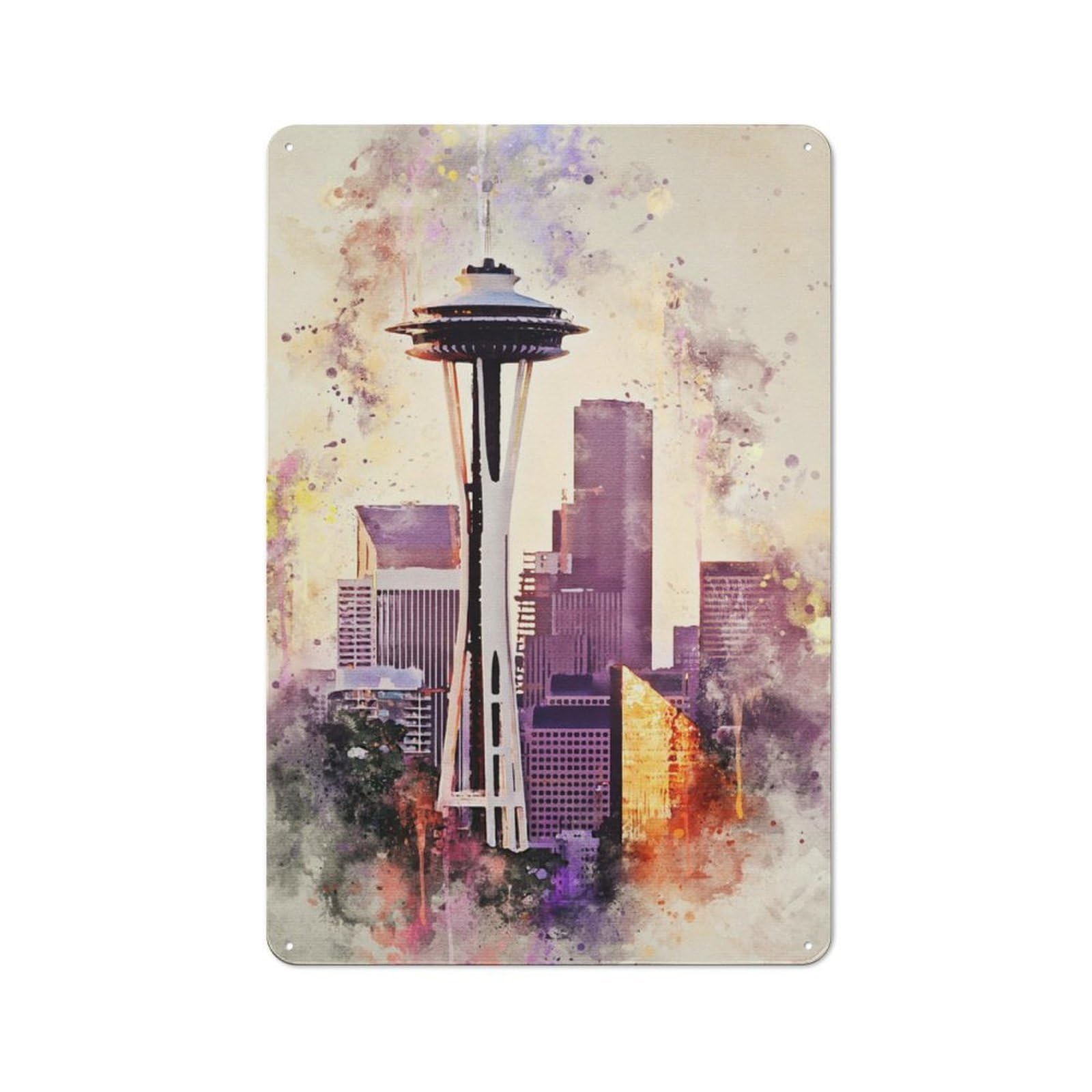 Junmoney Seattle In Watercolor Rustic Metal Sign 30X20cm Featuring For Garage Wall, Suited To Garage Decor Collectors