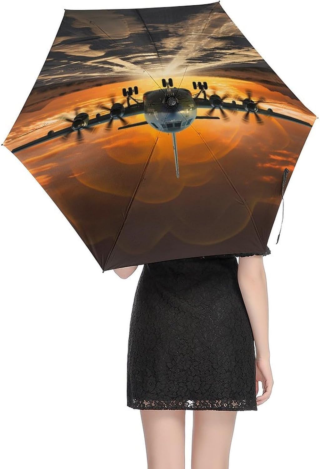 Military Aircraft Landing on Air Force Runway Printed Exterior 5 Fold Umbrella,Windproof Travel Umbrella for Sun Protection, Small Portable,Compact Umbrellas for Travel, Purse Or Backpack