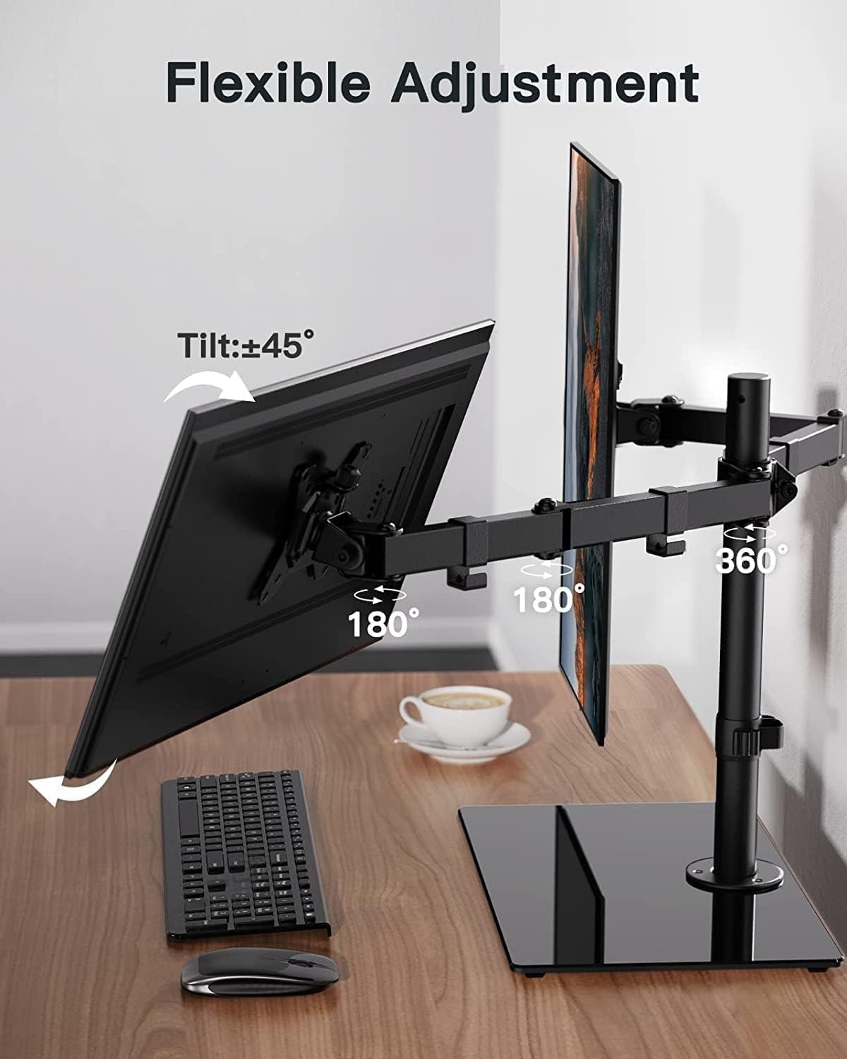 ErGear Supporto per Monitor Schermo 13”-32” con Movimento Fluido Supporto Doppio Monitor Base Allargata Maggiore Capacità di Carico Inclinazione ±45° Girevole 180° Rotazione 360° Peso Max 8KG