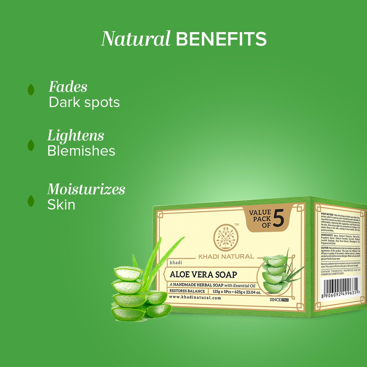 Khadi Natural Aloe Vera Ayurvedic Soap | Soothes, Hydrates and Refreshes Skin | Infused with Herbal Moisture | Soft and Supple Feel | Value Pack 4+1 Free (5 x 125 g) (625 g) 2