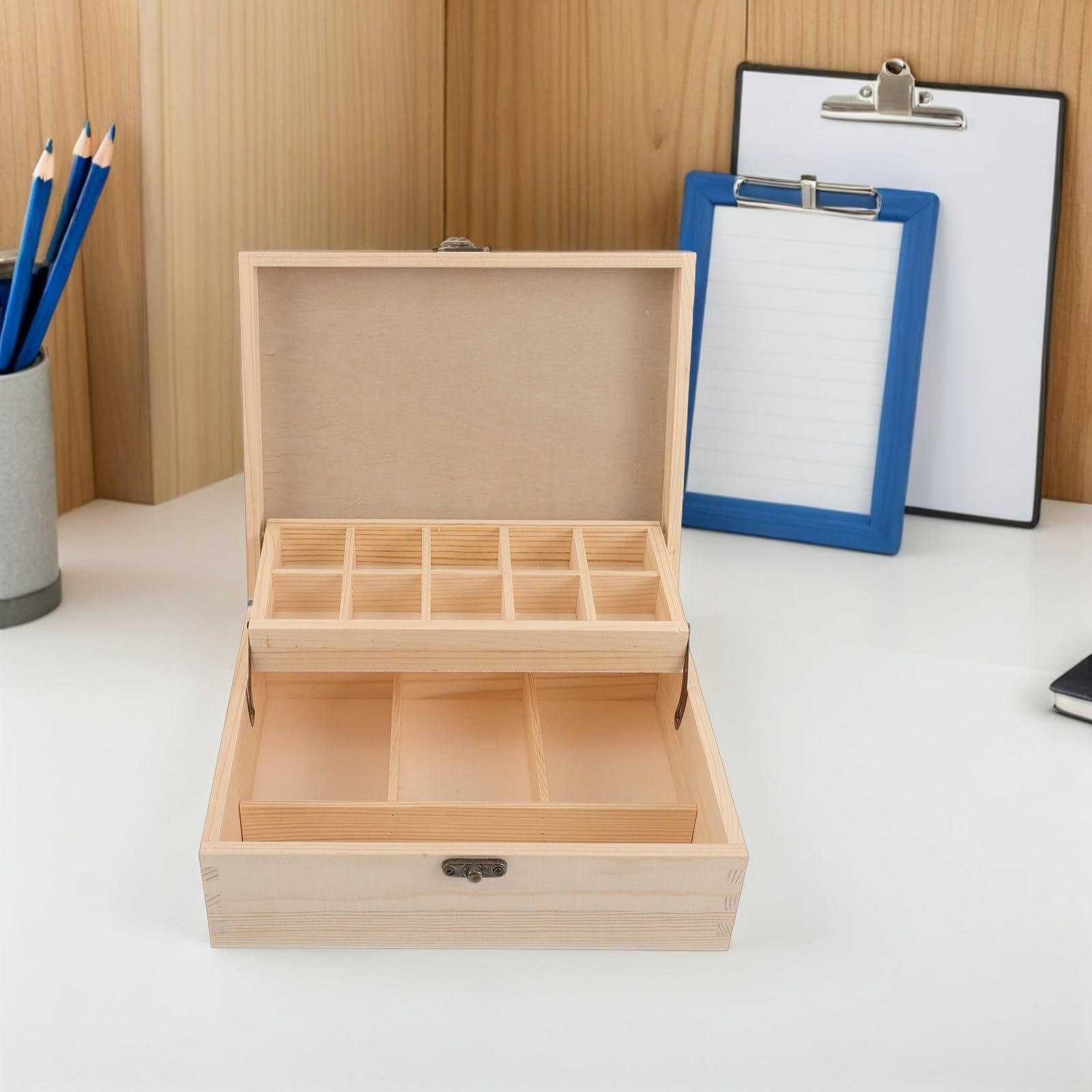 NUOBESTY Scatola in Legno Beige con Coperchio Ribaltabile, Scomparti Multipli e Divisori Trasparenti per Gioielli e Piccoli Oggetti su Comodino o Armadio