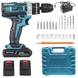 ikaufen Cordless Drill Driver, 21V Electric Drill Screwdriver Kit with 25+1 Torque, 2 Speed with 2 Batteries 1.5Ah, LED Light Cordless Combi for Home and Garden DIY Project (Blue 01)
