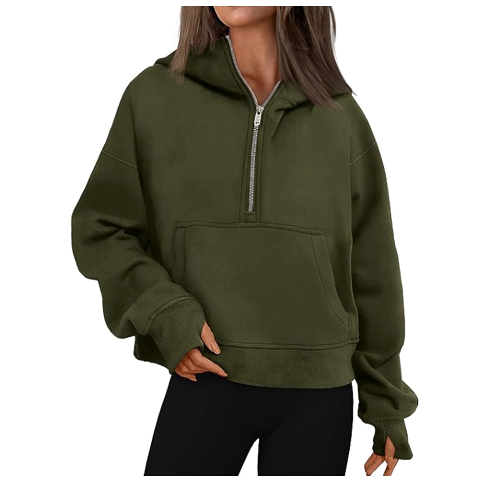 Generico Felpa Donna con Cappuccio Mezza Zip Cropped Oversize Manica Lunga Tasca Morbida Sweatshirt Casual Primavera Autunno