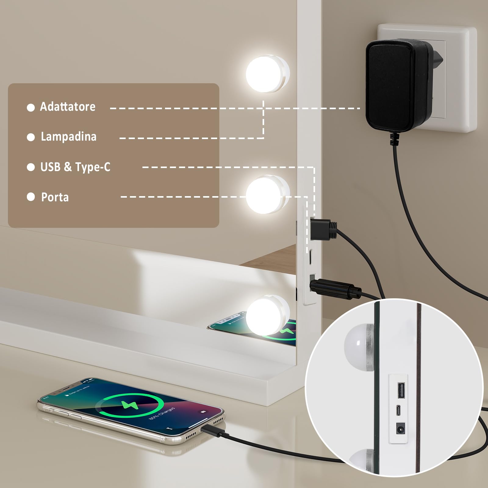 YU YUSING Specchio Trucco con Luci 80x60cm Hollywood con 18 Lampadine LED, 3 Modalità di Luce, Controllo Touch, Display Digitale, Type-C e USB, Ingrandimento 10x, da Tavolo, da Parete