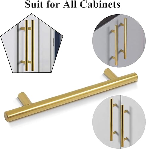 Miniatura 4 de Paquete de 10 tiradores de gabinete modernos dorados de latón cepillado, manijas de puerta de cocina para armarios, pomos de armario, aparador,