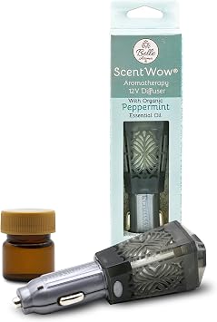 Belle Aroma ScentWow Aromatherapy - Peppermint Oil Car Diffuser for Essential Oils Portable 12V Plug-In Mini Diffuser Compact Travel Humidifier for Cars, Trucks & Small Spaces Gray & Silver