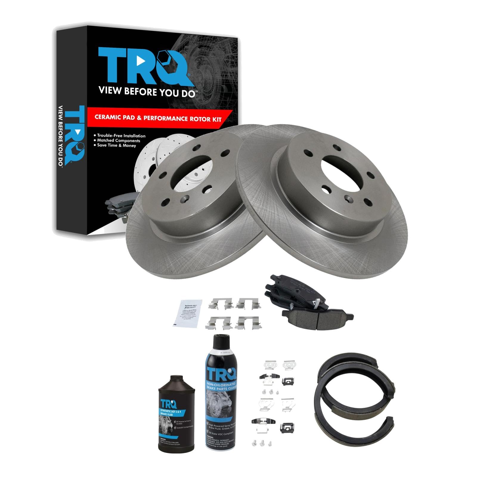 TRQ Rear Brake Pad &amp; Rotor Kit, with Chemical Kit Parking Brake Shoe Set Ceramic Compatible with 2006-2010 Cadillac DTS