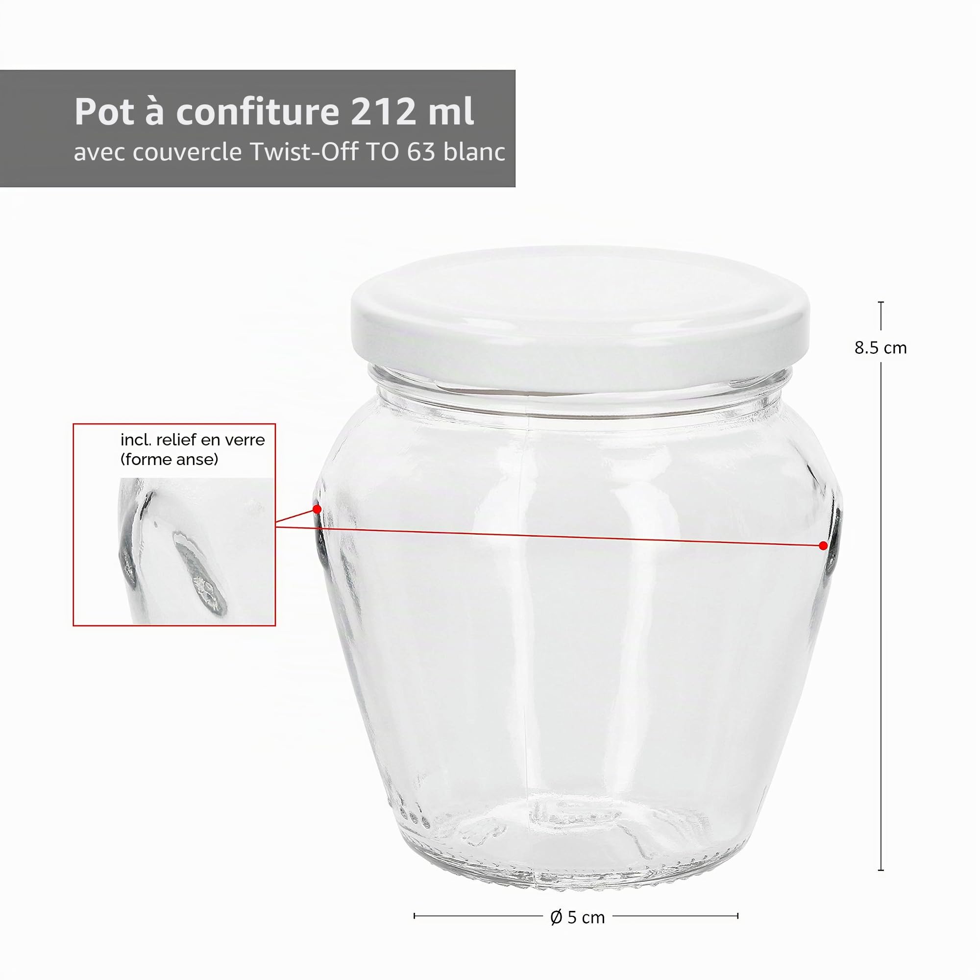 Lot de 75 pots à confiture MamboCat 212 ml + couvercles Twist-Off jusqu'à 63 Blanc.